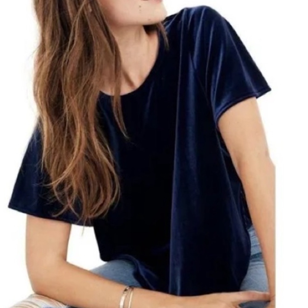 Madewell Navy Blue Velvet Butterfly Flutter Sleeve Velour Relaxed Fit Top